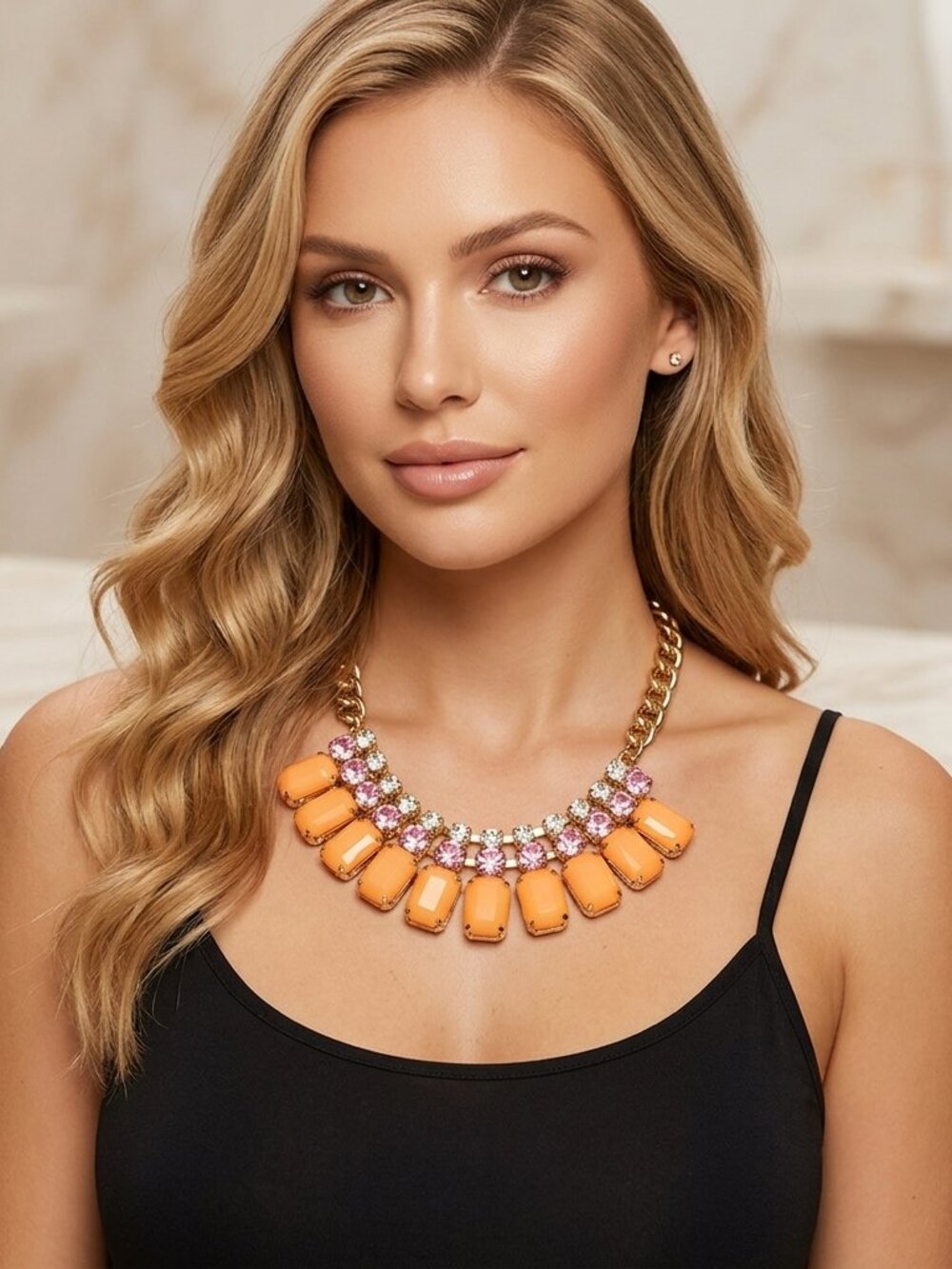 Bijou  coral beads  with sparkling stones statement necklace